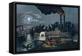 Wooding Up' on the Mississippi-Currier & Ives-Framed Stretched Canvas