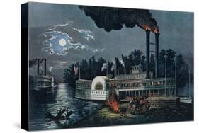 Wooding Up' on the Mississippi-Currier & Ives-Stretched Canvas