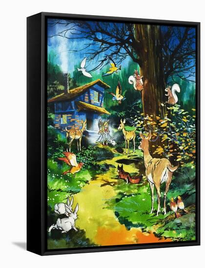 Woodland Animals Visit a Fairy House-Jesus Blasco-Framed Stretched Canvas