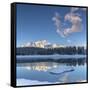 Woods and snowy peaks are reflected in the clear water of Malenco Valley Valtellina Lombardy Italy -ClickAlps-Framed Stretched Canvas