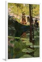 Woodsmen in Canoes Floating on a Tranquil River, circa 1900-null-Framed Giclee Print