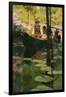 Woodsmen in Canoes Floating on a Tranquil River, circa 1900-null-Framed Giclee Print