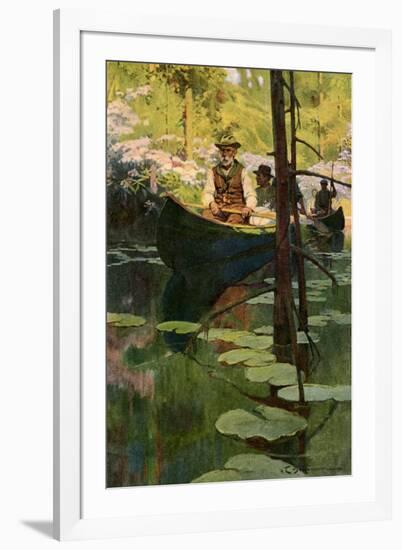 Woodsmen in Canoes Floating on a Tranquil River, circa 1900-null-Framed Giclee Print