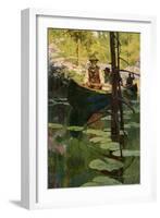 Woodsmen in Canoes Floating on a Tranquil River, circa 1900-null-Framed Giclee Print