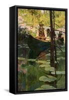 Woodsmen in Canoes Floating on a Tranquil River, circa 1900-null-Framed Stretched Canvas
