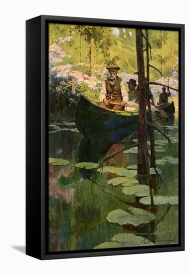 Woodsmen in Canoes Floating on a Tranquil River, circa 1900-null-Framed Stretched Canvas