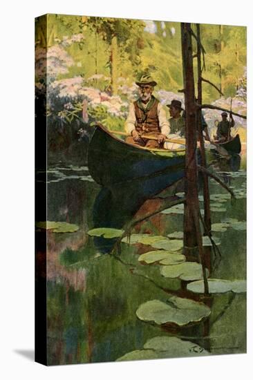Woodsmen in Canoes Floating on a Tranquil River, circa 1900-null-Stretched Canvas