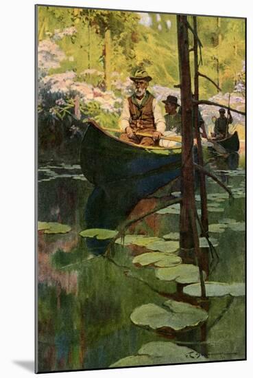 Woodsmen in Canoes Floating on a Tranquil River, circa 1900-null-Mounted Premium Giclee Print