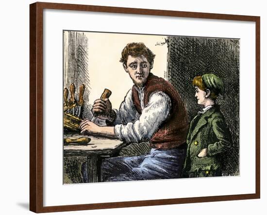 Woodworker Showing Young Boy His Tools and Techniques-null-Framed Giclee Print