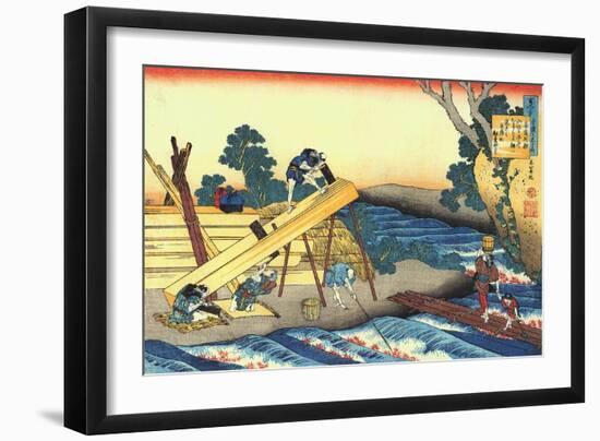 Woodworkers sawing wood, preparing planks.-Katsushika Hokusai-Framed Giclee Print