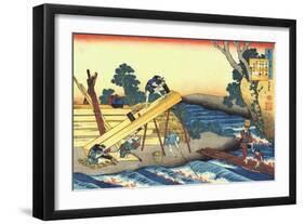 Woodworkers sawing wood, preparing planks.-Katsushika Hokusai-Framed Giclee Print