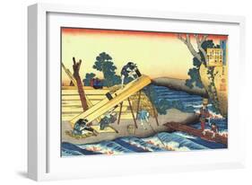 Woodworkers sawing wood, preparing planks.-Katsushika Hokusai-Framed Giclee Print