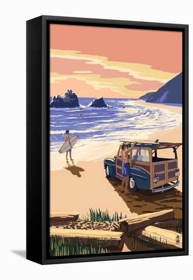 Woody on Beach-Lantern Press-Framed Stretched Canvas