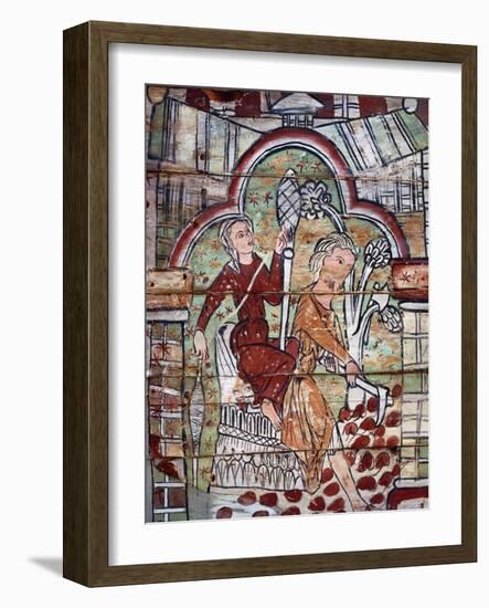 Wool Spinning and Hoeing Soil, Fresco from Stave Church, Norway, 13th Century-null-Framed Giclee Print