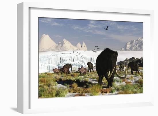 Woolly Mammoths and Woolly Rhinos in a Prehistoric Landscape-null-Framed Premium Giclee Print