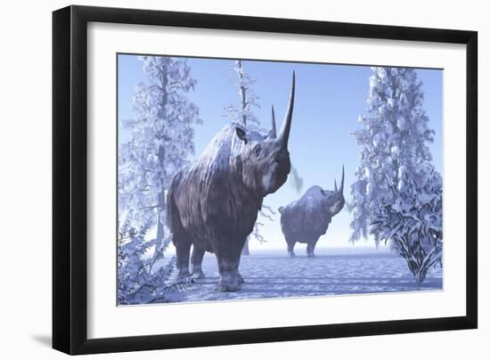 Woolly Rhino Males During a Snowy Winter in the Pleistocene Period-Stocktrek Images-Framed Art Print