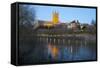 Worcester Cathedral on the River Severn Floodlit at Dusk, Worcester, Worcestershire, England, UK-Stuart Black-Framed Stretched Canvas