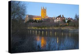 Worcester Cathedral on the River Severn Floodlit at Dusk, Worcester, Worcestershire, England, UK-Stuart Black-Stretched Canvas