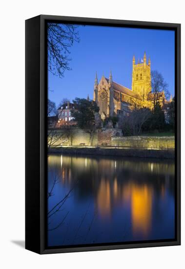 Worcester Cathedral on the River Severn Floodlit at Dusk, Worcester, Worcestershire, England, UK-Stuart Black-Framed Stretched Canvas