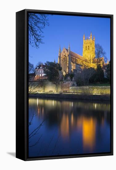 Worcester Cathedral on the River Severn Floodlit at Dusk, Worcester, Worcestershire, England, UK-Stuart Black-Framed Stretched Canvas