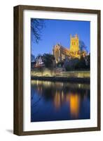 Worcester Cathedral on the River Severn Floodlit at Dusk, Worcester, Worcestershire, England, UK-Stuart Black-Framed Photographic Print