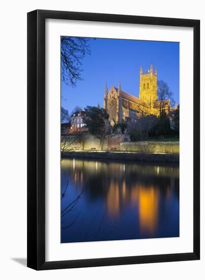 Worcester Cathedral on the River Severn Floodlit at Dusk, Worcester, Worcestershire, England, UK-Stuart Black-Framed Photographic Print