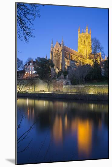 Worcester Cathedral on the River Severn Floodlit at Dusk, Worcester, Worcestershire, England, UK-Stuart Black-Mounted Photographic Print