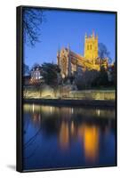 Worcester Cathedral on the River Severn Floodlit at Dusk, Worcester, Worcestershire, England, UK-Stuart Black-Framed Photographic Print