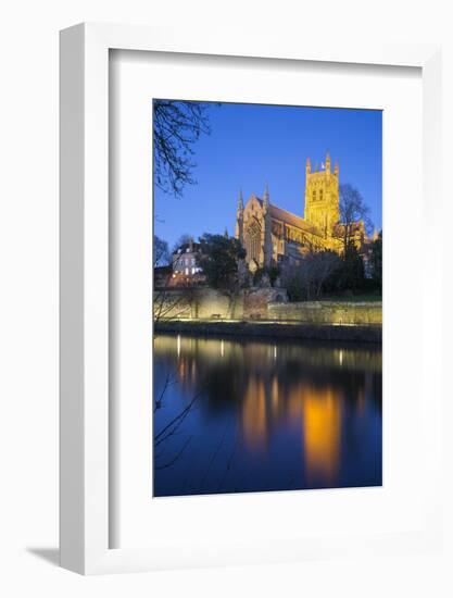 Worcester Cathedral on the River Severn Floodlit at Dusk, Worcester, Worcestershire, England, UK-Stuart Black-Framed Photographic Print