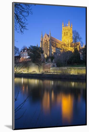 Worcester Cathedral on the River Severn Floodlit at Dusk, Worcester, Worcestershire, England, UK-Stuart Black-Mounted Photographic Print