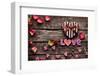 Word Love With Heart Shaped Valentines Day Gift Box On Old Vintage Wooden Plates-ouh_desire-Framed Photographic Print