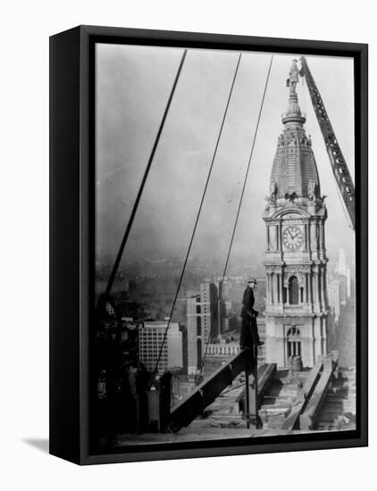 Worker at Skyscraper Building Site, with City Visible Below Him-Emil Otto Hoppé-Framed Stretched Canvas