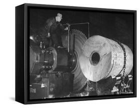 Worker Cutting the Gun Casting in the Bethlehem Steel Factory-Dmitri Kessel-Framed Stretched Canvas