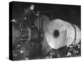 Worker Cutting the Gun Casting in the Bethlehem Steel Factory-Dmitri Kessel-Stretched Canvas