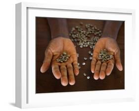 Worker from the Plantation 'Roca Nova Moka' in Sao Tomé Holds Some Coffee Beans-Camilla Watson-Framed Photographic Print