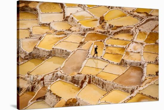 Worker Mining for Salt, Salineras De Maras, Maras Salt Flats, Sacred Valley, Peru, South America-Laura Grier-Stretched Canvas
