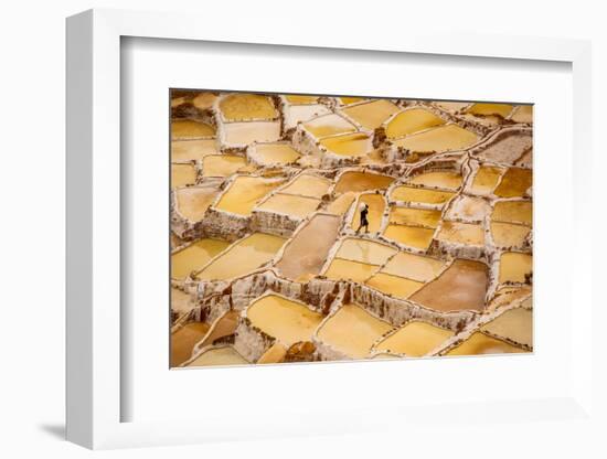 Worker Mining for Salt, Salineras De Maras, Maras Salt Flats, Sacred Valley, Peru, South America-Laura Grier-Framed Photographic Print