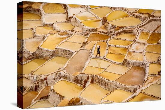 Worker Mining for Salt, Salineras De Maras, Maras Salt Flats, Sacred Valley, Peru, South America-Laura Grier-Stretched Canvas