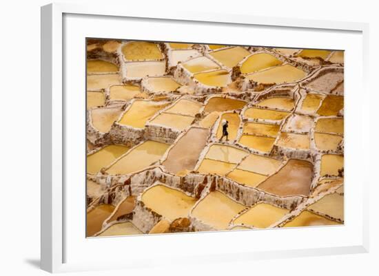 Worker Mining for Salt, Salineras De Maras, Maras Salt Flats, Sacred Valley, Peru, South America-Laura Grier-Framed Photographic Print