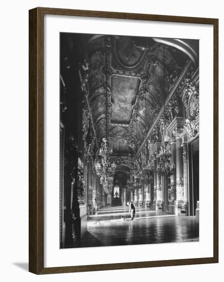 Worker Mopping the Floor of the Grand Foyer at the Opera House-Walter Sanders-Framed Photographic Print