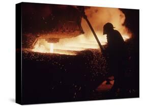 Worker Pouring Hot Steel at an Unidentified Brazilian Steel Plant-Paul Schutzer-Stretched Canvas