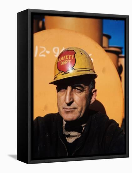 Worker Wearing Safety Helmet Outside at Sun Shipbuilding and Dry Dock Co. Shipyards-Dmitri Kessel-Framed Stretched Canvas