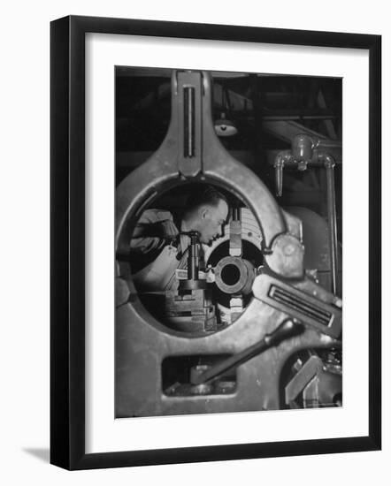 Worker Working on a Propeller Blade For a B-18 Bomber-William C^ Shrout-Framed Photographic Print