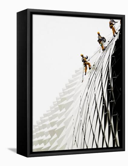 Workers Climb Down the Roof of Singapore's Spikey Fruit Shaped Esplanade Arts Center-null-Framed Stretched Canvas