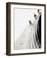 Workers Climb Down the Roof of Singapore's Spikey Fruit Shaped Esplanade Arts Center-null-Framed Photographic Print