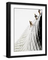 Workers Climb Down the Roof of Singapore's Spikey Fruit Shaped Esplanade Arts Center-null-Framed Photographic Print