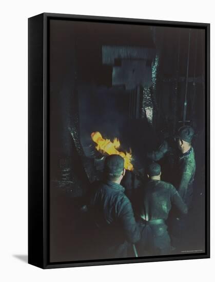 Workers Forging Molten Metal with 16,000 lb Drop Forging Hammer at Wyman-Gordon Co-Andreas Feininger-Framed Stretched Canvas