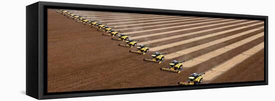 Workers on Combines Harvest Soybeans in Correntina, Northern Brazil-null-Framed Stretched Canvas