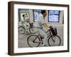 Workers Pedal Bicycles Past a Securities Firm in Tokyo-null-Framed Photographic Print