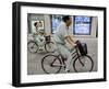 Workers Pedal Bicycles Past a Securities Firm in Tokyo-null-Framed Photographic Print